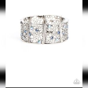 Spring Greetings - Blue Iridescent Rhinestone Silver Floral Stretchy Bracelet -